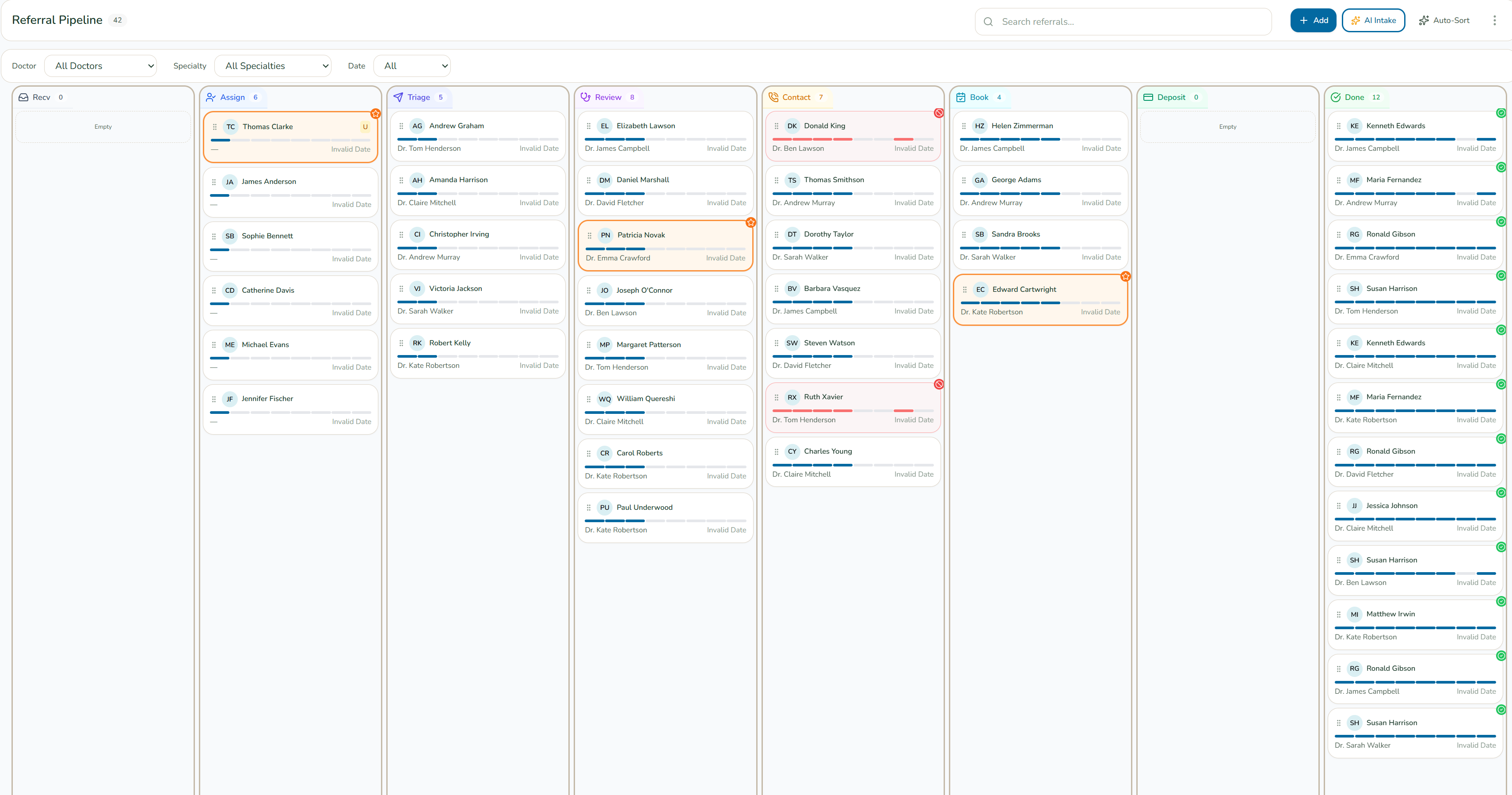 SimpleRef referral pipeline dashboard showing patient referrals tracked across 8 workflow stages from received to completed